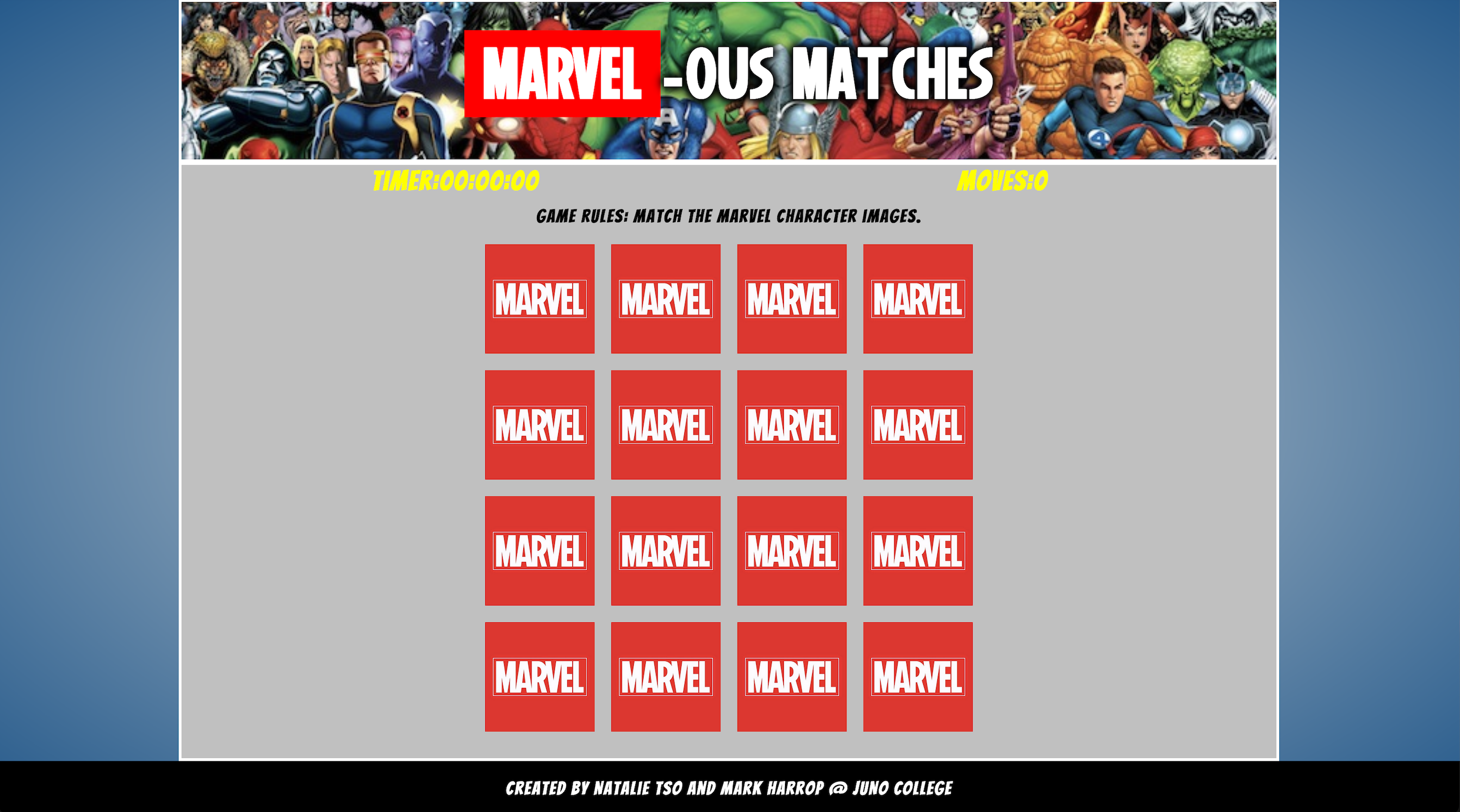 screenshot of the MARVEL-ous Matches memory card game